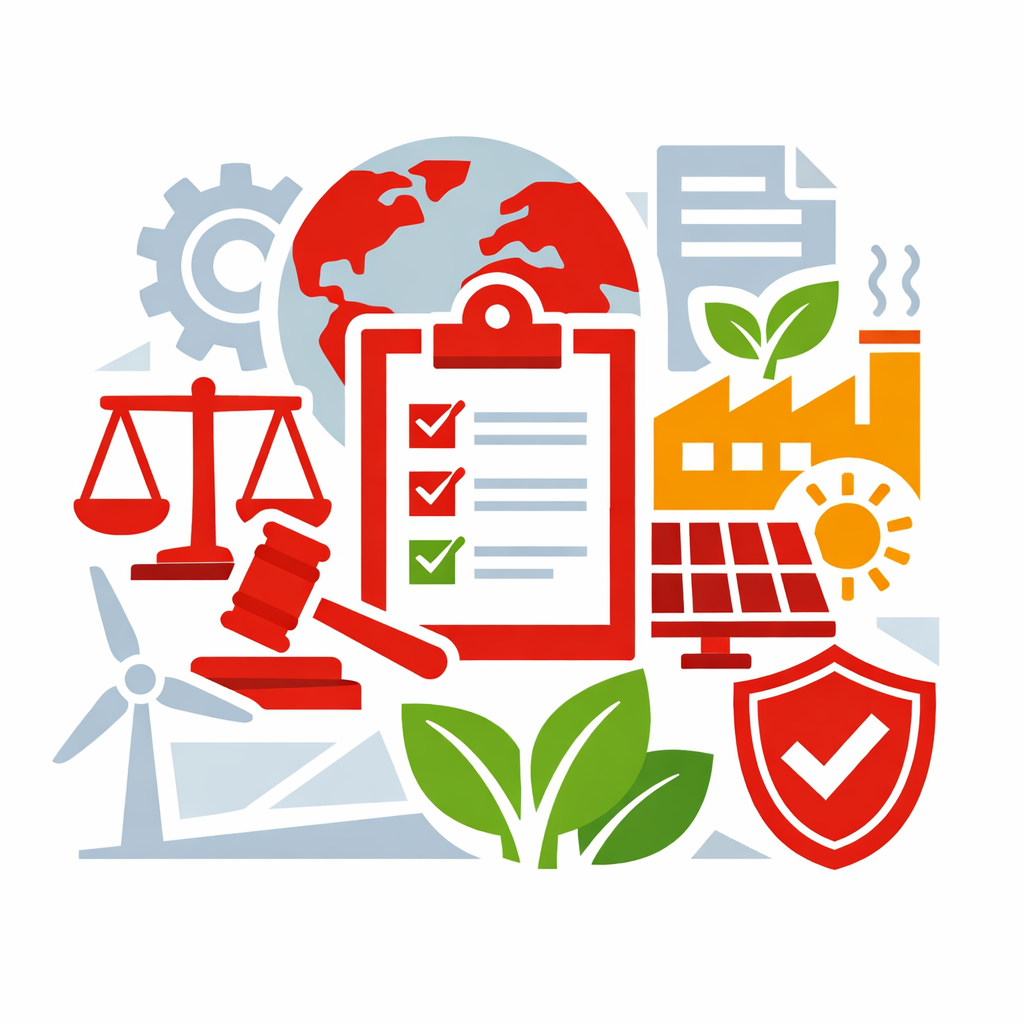 Imagen que tiene diversos iconos sobre sustentabilidad, computadores, justicia y regulaciones