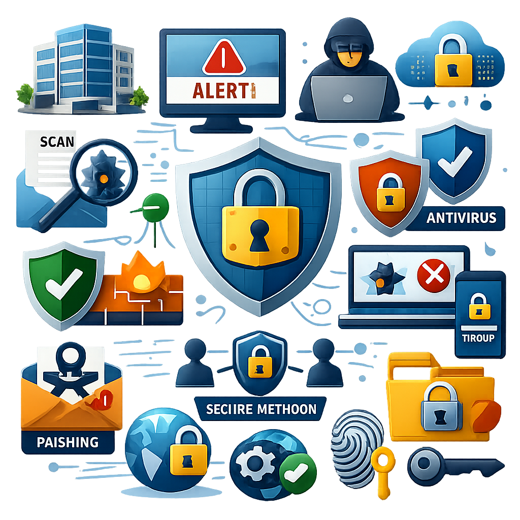 Imagen que tiene diversos iconos que hacen referencia a la ciberseguridad en empresas