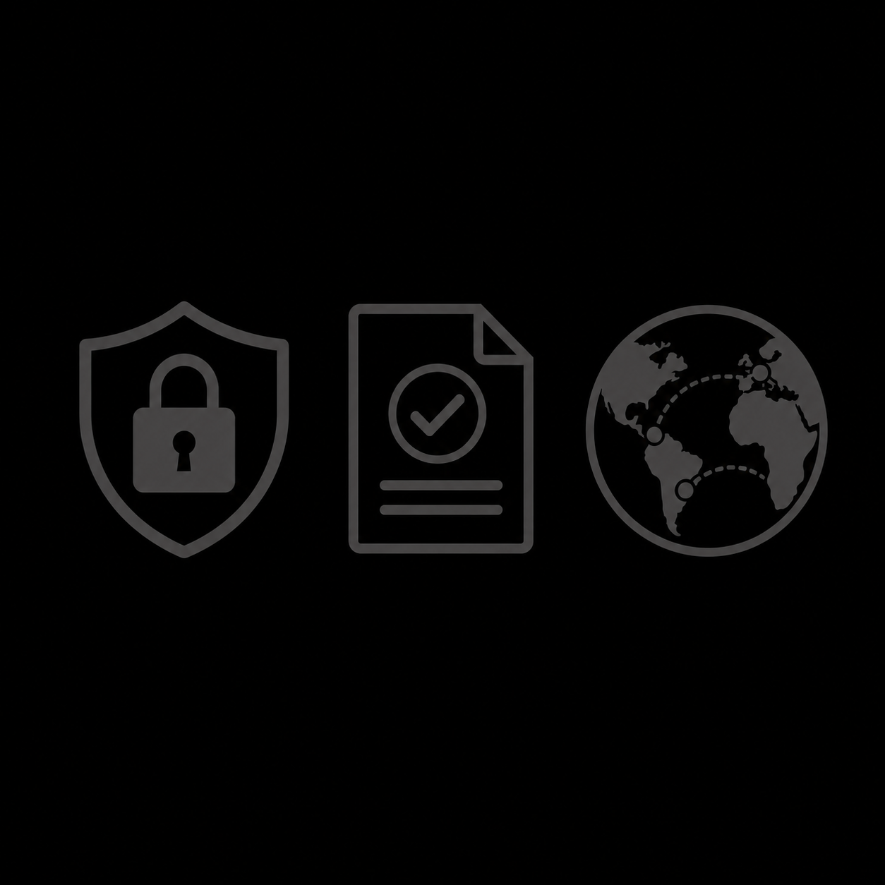 Iconos que tienen relación con Sistema de Gestión de Seguridad de la Información en Latam y Europa (un candado, un documento verificado y un mapamundi)