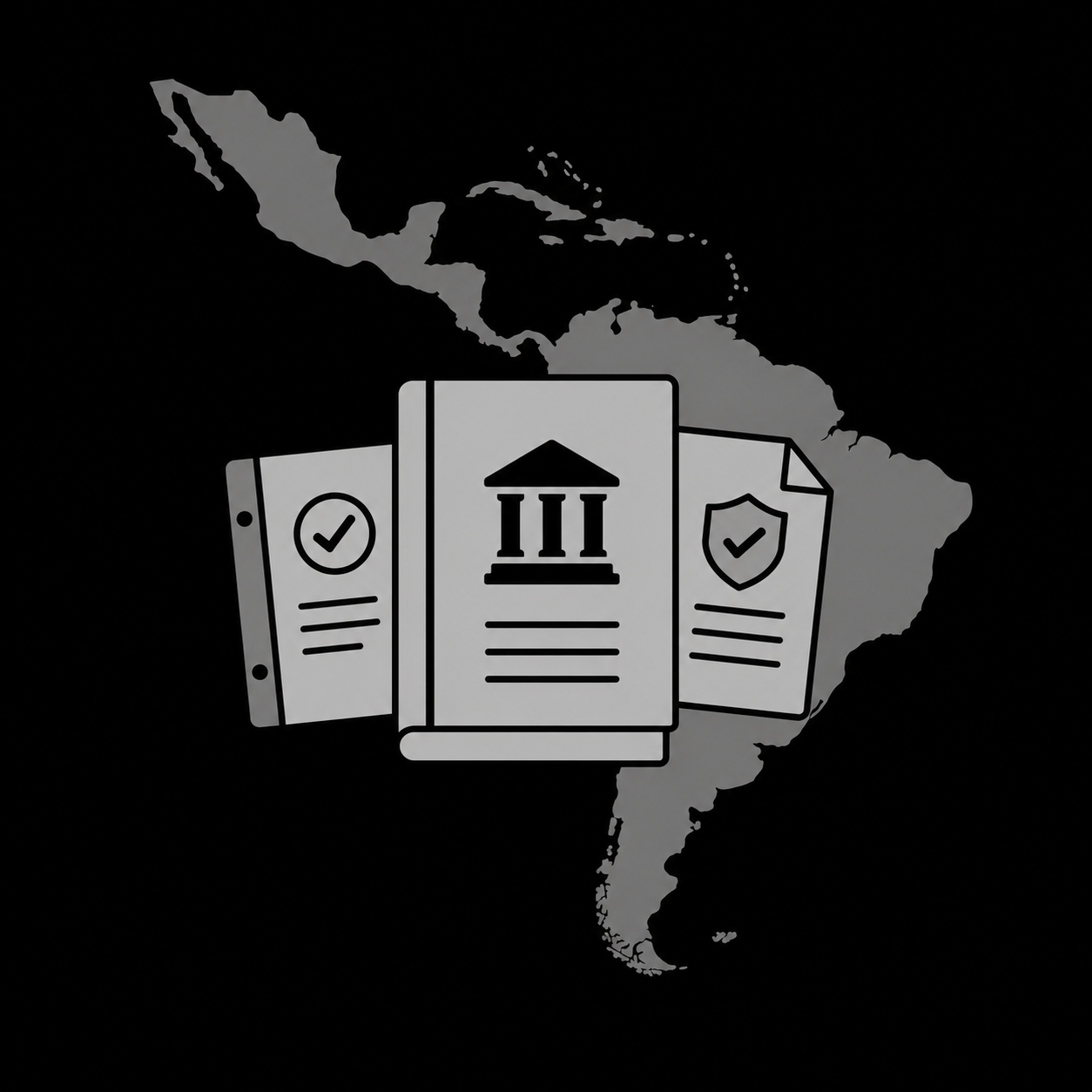 Imagen sobre las regulaciones de España que pueden afectar en Latam. Iconos de un mapa y de manuales. Imagen hecha con Breeze, IA de HubSpot.