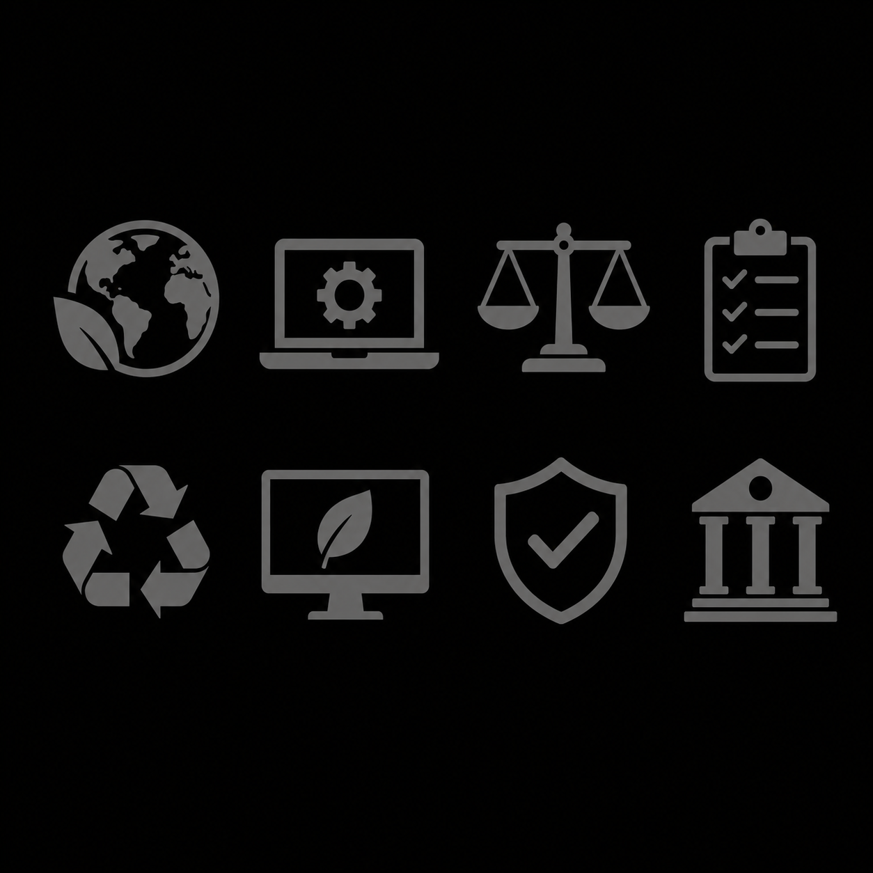 Imagen que tiene diversos iconos sobre sustentabilidad, computadores, justicia y regulaciones